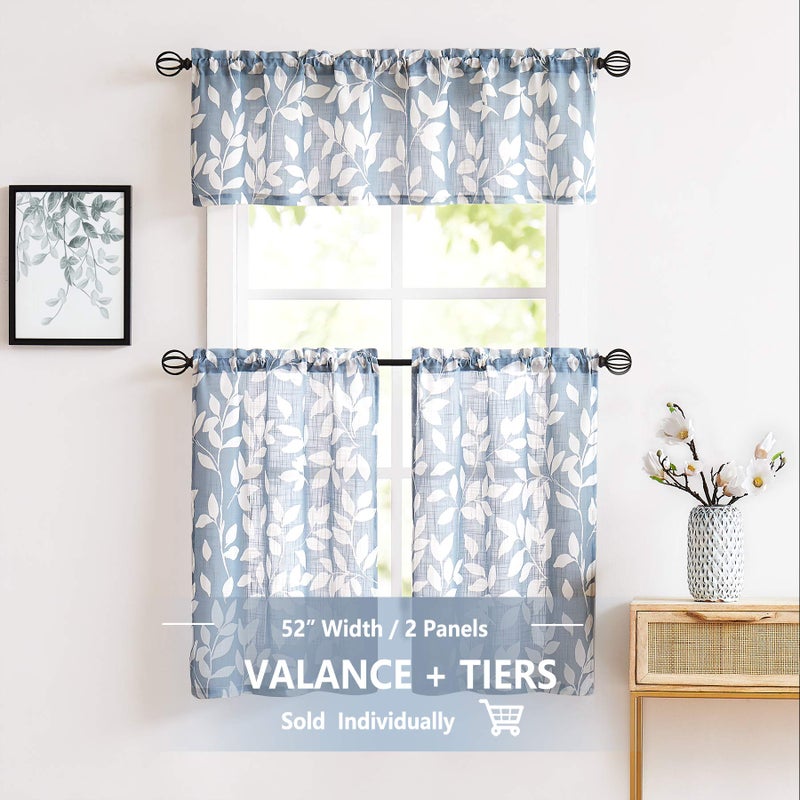 Treatmentex Blue Kitchen Tier Curtains 24" Short White Leaf Print CafÃ© Curtains for Small Windows 2 Panels - Image 2